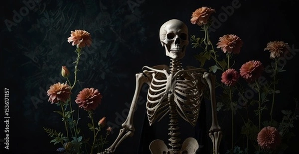 Fototapeta Still Life Photography of a Skeleton with Peach Flowers Dark Background Artistic Floral Artwork