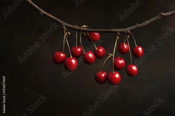 Obraz Vibrant red coffee cherries hanging from a branch, dramatic lighting,