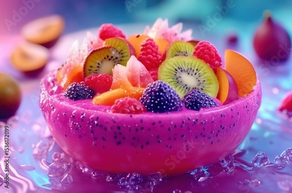 Obraz Vibrant tropical fruit smoothie bowl with dragon fruit, passion fruit, and kiwi, 