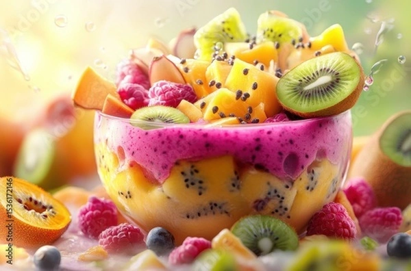 Obraz Vibrant tropical fruit smoothie bowl with dragon fruit, passion fruit, and kiwi
