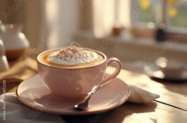 Obraz Warm cozy coffee scene with a perfectly made cappuccino in a stylish cup,
