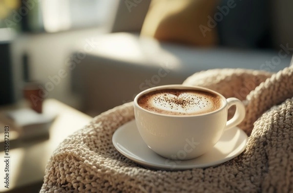 Obraz Warm cozy coffee scene with a perfectly made cappuccino in a stylish cup,