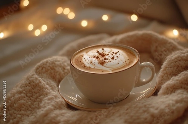 Obraz Warm cozy coffee scene with a perfectly made cappuccino in a stylish cup