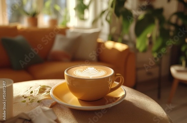 Obraz Warm cozy coffee scene with a perfectly made cappuccino in a stylish cup, 