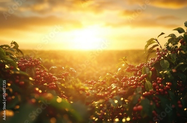 Obraz Wide shot of a coffee tree plantation at sunrise, warm golden glow highlighting