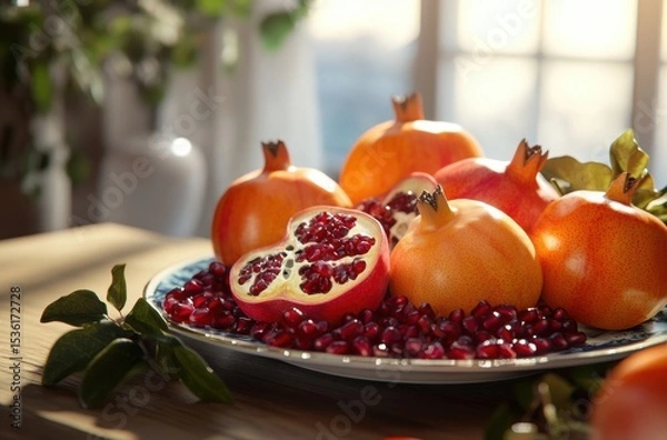 Obraz Winter fruit platter featuring persimmons, pears, and pomegranates, 