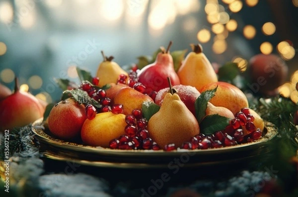 Obraz Winter fruit platter featuring persimmons, pears, and pomegranates,