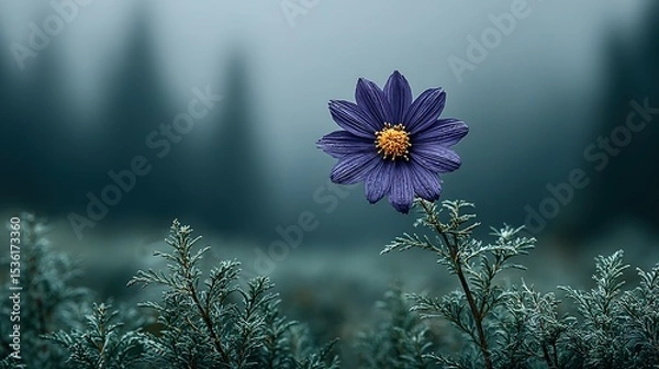 Obraz Solitary purple flower amidst a field of frosted greenery.