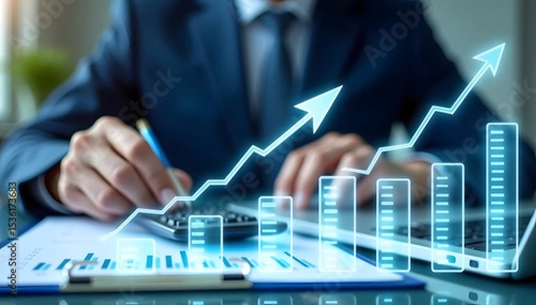 Fototapeta Rising Business: Close-up shot of hands meticulously analyzing graphs and charts, highlighting the dynamic ascent of business success, with an uplifting upward arrow emphasizing growth and progress.