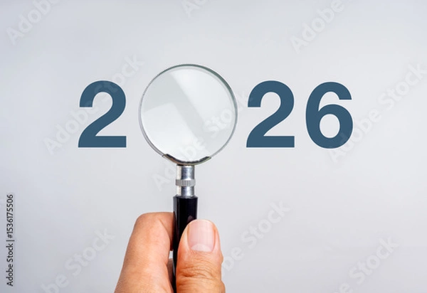 Fototapeta Happy new year 2026, business goal plan and trends concept banner. 2026 year calendar number, with empty blank space for advertising or ideas inside magnifying glass lens, isolated on blue background.