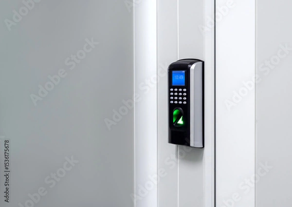 Obraz Digital screen with finger scanner and passcode panel, modern door access control on white wall at the entrance door with copy space. Fingerprint scan, security concept.