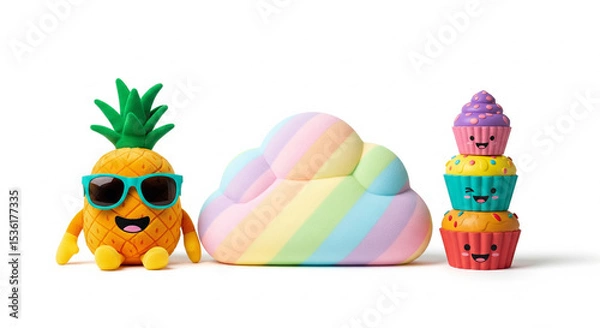 Obraz Cute Pineapple, Rainbow Cloud, and Cupcake Stack