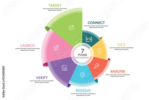 Obraz Origami Style Pie Chart Circle Infographic Template With 7 Options, Steps, Parts, Segments. Business Concept. Marketing iInfographic Vector Illustration.