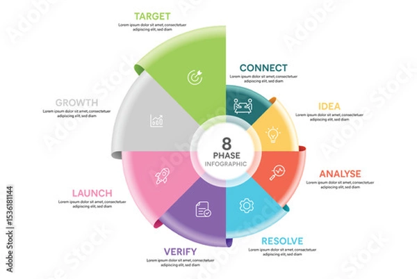 Obraz Origami Style Pie Chart Circle Infographic Template With 8 Options, Steps, Parts, Segments. Business Concept. Marketing iInfographic Vector Illustration.
