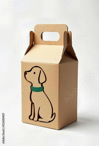 Fototapeta Minimalist and clever pet product packaging featuring a cardboard box with a dog-shaped cutout window, offering a playful peek at the treats inside.

