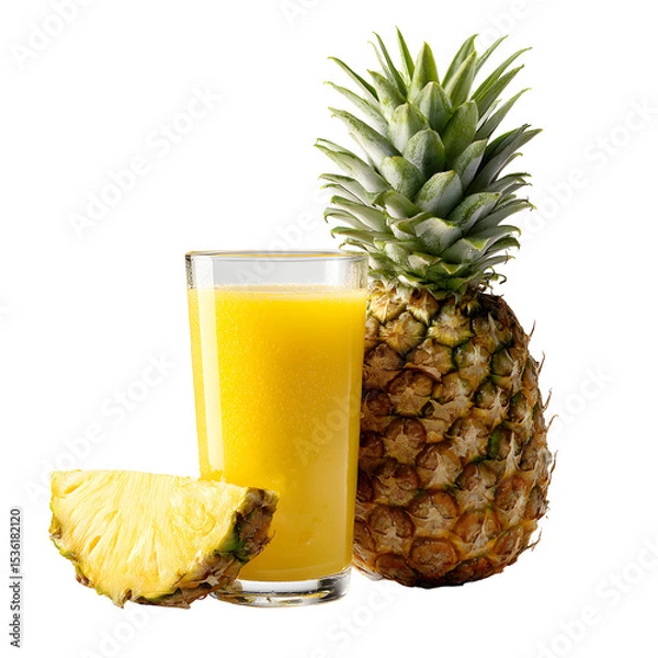 Fototapeta Fresh pineapple juice in a clear glass with whole fruit and sliced wedge isolated on transparent background