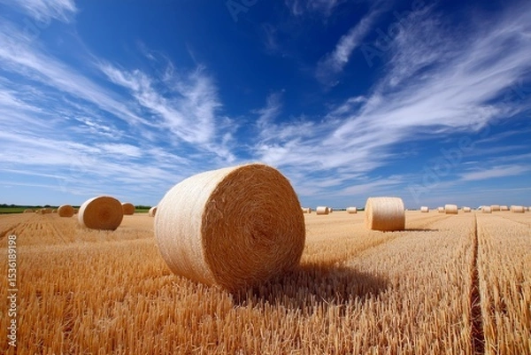 Fototapeta Golden dry hay bales in the field under the blue sky with clouds 