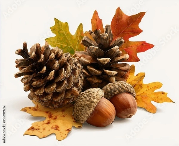 Fototapeta Autumn still  life pine cones, acorns and oak leaves isolated on white