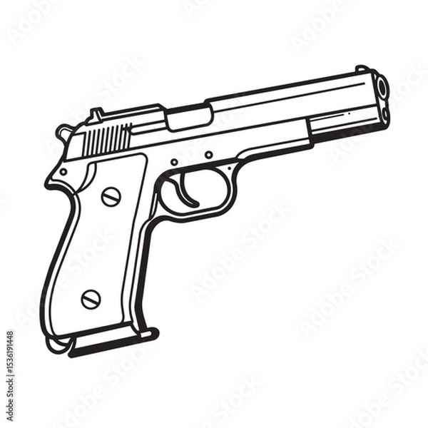 Fototapeta Detailed silhouette depiction of a classic semiautomatic handgun with white grip and design suitable for various graphic applications