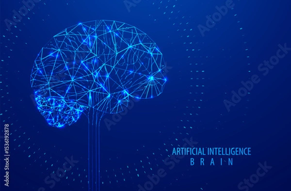 Fototapeta Artificial Intelligence illustration of brain. Machine learning concept. Abstract glowing brain connections. Particles liquid dynamic flow. Graphic concept for your design
