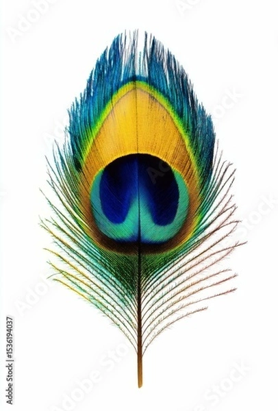 Obraz Vibrant Peacock Feather Isolated on White Background Bird plumage detail nature beauty exotic wildlife colorful iridescent feather close up macro shot