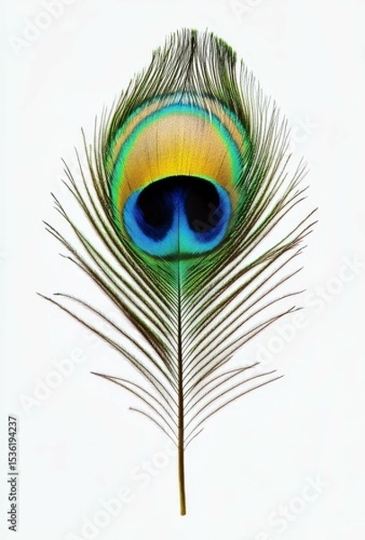 Obraz Vivid Peacock Feather Isolated on White Background A Stunning Detailed Closeup of a Single Peacock Feather showcasing its iridescent colors and intricate details.