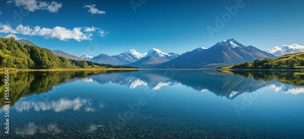 Obraz Serene mountain lake reflecting snow-capped peaks under a vibrant blue sky a stunning natural landscape
