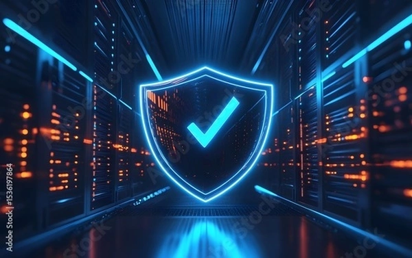 Obraz A modern data center illuminated with neon lights, featuring a glowing shield symbol with a checkmark, representing cybersecurity and data protection in digital environments.