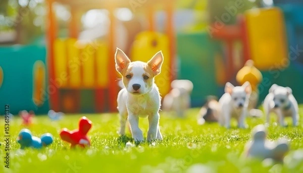 Obraz A playful puppy explores the grassy playground, surrounded by other adorable pups. The vibrant colors of the play area enhance the cheerful atmosphere of this delightful scene.