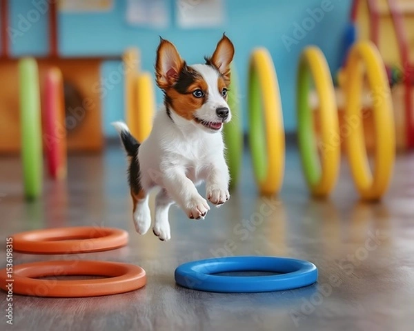 Obraz A playful puppy leaps joyfully in a vibrant training area