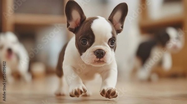 Obraz A playful puppy runs joyfully across a wooden floor, showcasing its vibrant personality and adorable features. The scene captures the essence of youthful energy and companionship.