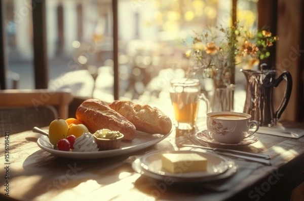 Fototapeta breakfast scene with fresh baguette, butter, coffee, and fruit