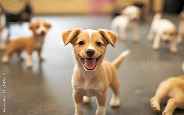 Obraz A playful puppy stands out among a group of cheerful puppies, showcasing its joyful demeanor and bright eyes