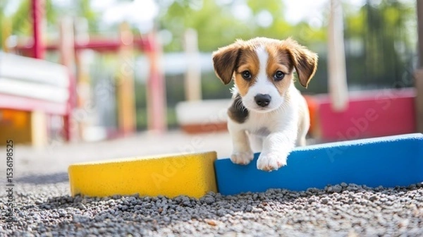 Obraz A playful puppy, with soft fur and bright eyes, climbs over colorful playground equipment, radiating joy and energy in a sunny outdoor setting, capturing the essence of childhood f