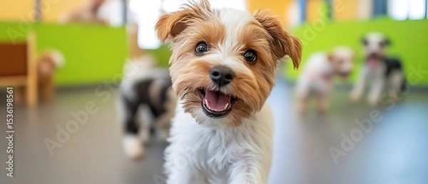 Obraz A playful puppy with an adorable expression enjoys its time in a vibrant environment, surrounded by other dogs, highlighting the joy and energy of playful interactions between pets
