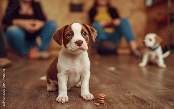 Obraz A playful puppy with brown and white fur sits on a wooden floor, looking curiously at the camera. People are seated in the background, creating a warm and inviting atmosphere.