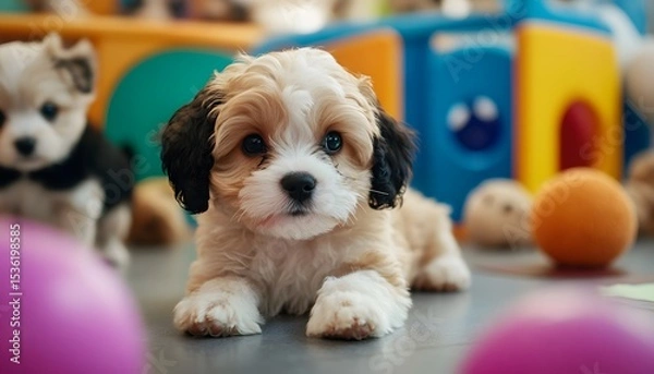 Obraz A playful puppy with fluffy fur explores a colorful indoor space filled with toys. Its curious eyes and playful demeanor capture the essence of joy and companionship.