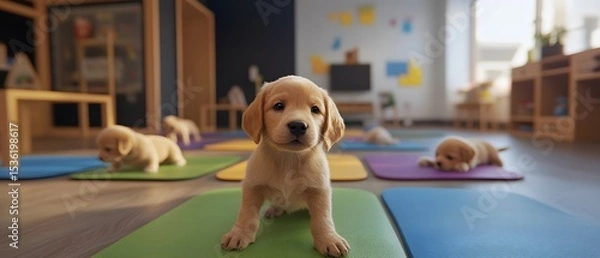 Obraz A playful scene featuring adorable puppies in a vibrant indoor environment, showcasing their innocence and charm. These joyful pups invite you to experience their playful nature.