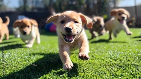 Obraz A playful scene featuring adorable puppies joyfully running across a vibrant green lawn, showcasing their energy and innocence in a sunny outdoor environment.