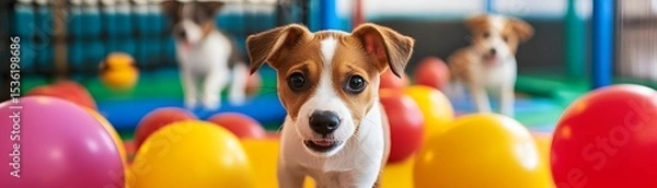 Obraz A playful scene with adorable puppies surrounded by colorful balls in a cheerful environment, capturing the joy and energy of young dogs at play.