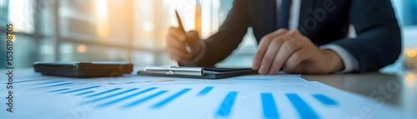 Fototapeta A professional business setting showcasing a focused individual reviewing reports and data on a desk