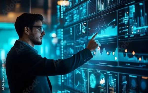 Fototapeta A professional man analyzes data on a futuristic digital screen, highlighting trends and insights in a modern office environment filled with innovative technology.