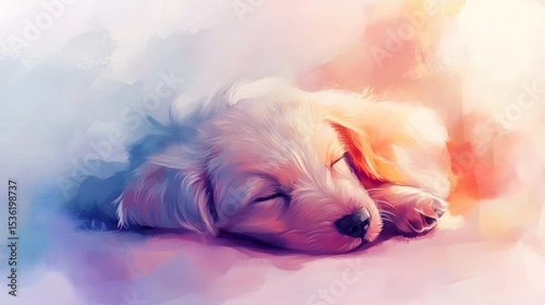 Obraz A serene and colorful illustration of a sleeping puppy, showcasing its innocence and tranquility. The soft hues create a dreamlike atmosphere perfect for evoking joy and warmth.