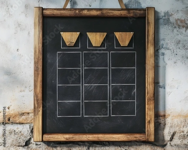 Obraz A rustic chalkboard with wooden accents features empty boxes, perfect for displaying information, lists, or menus in cafes and restaurants, blending style and functionality effortl