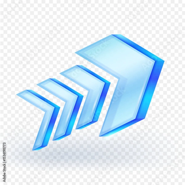 Fototapeta Dynamic blue glass arrow icon forward suitable for indicating speed, direction, growth, or advancement in digital interfaces, presentations, and infographics. 3d vector Illustration.