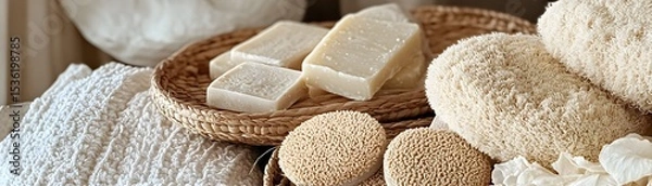 Obraz A serene display of natural soaps and sponges arranged artistically on a woven basket. This aesthetic captures the essence of relaxation and self-care in a tranquil setting.