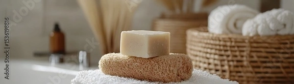 Obraz A serene bathroom setting featuring a natural soap bar resting on a loofah sponge, surrounded by cozy towels and warm decor, perfect for relaxation and self-care.