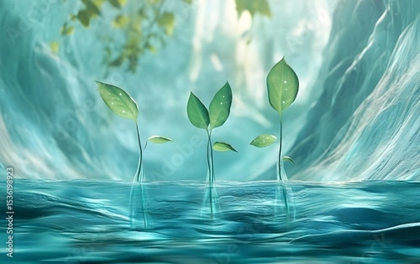 Obraz A serene scene of young green shoots emerging from a tranquil body of water, surrounded by soft, ethereal light, symbolizing growth and renewal in nature.