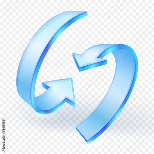 Fototapeta Two blue glass arrows forming a continuous loop 3d icon , symbolizing recycling, refresh, update, or circular processes. Isolated on  transparent background. Vector illustration.