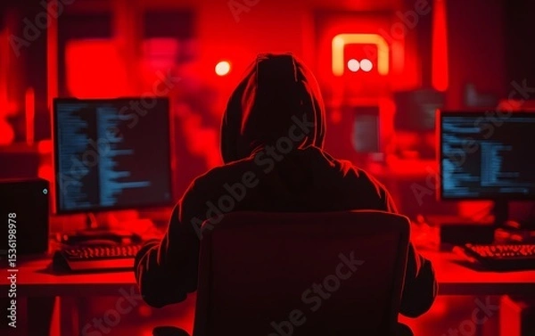 Fototapeta A shadowy figure in a hoodie sits in front of glowing computer screens, immersed in coding. The room is illuminated with red light, creating a mysterious and intense atmosphere.
